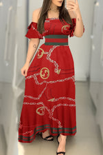 Off-the-shoulder Chain Print High-waist Maxi Dress