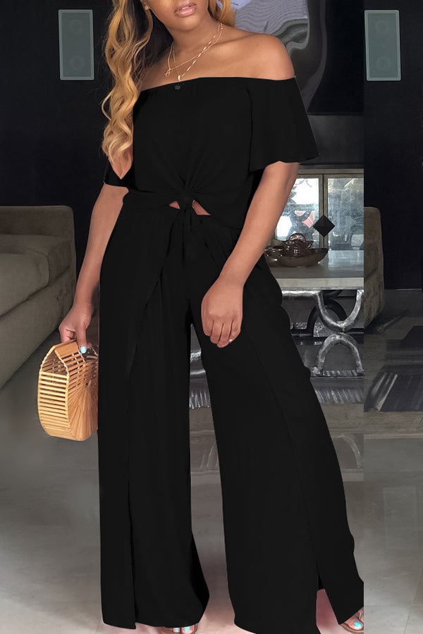 Loose Solid Color Knotted Slit Casual Two-piece Pant Suit