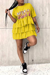 Letter-print Gauze Layered Ruffled T-shirt Mini Dress