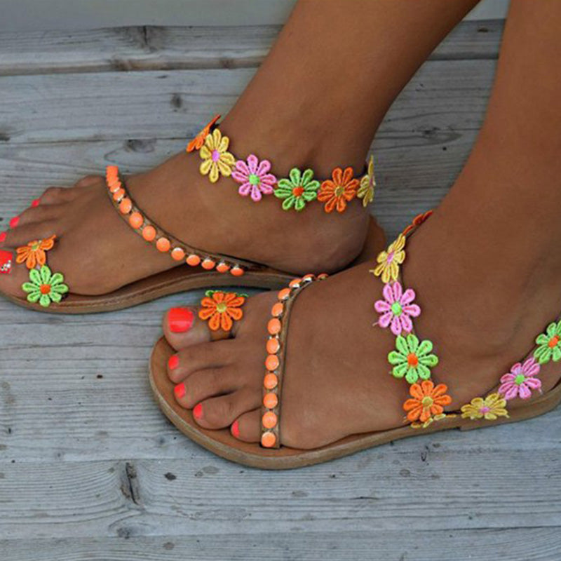 Colorful Flower Open-toe Flat Casual Beach Sandals