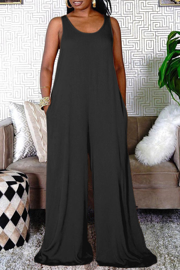 Casual Solid Color Sleeveless Wide-leg Jumpsuit