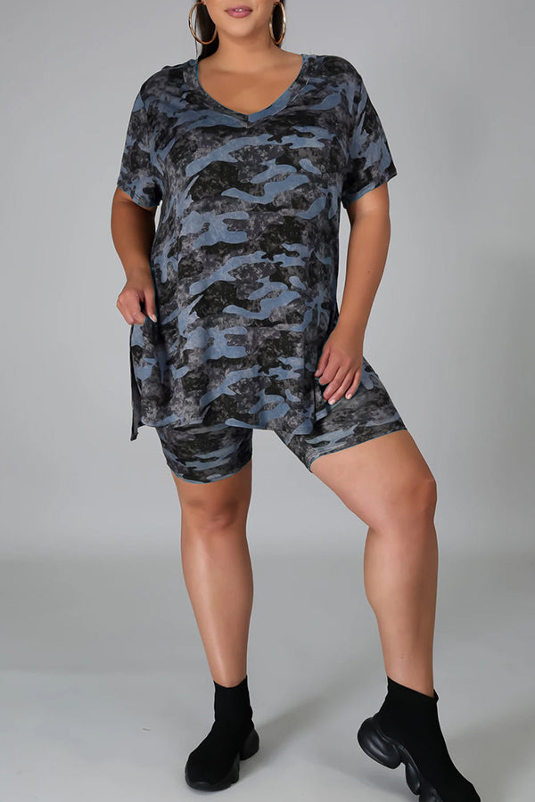 Plus Size Camouflage Loose Slit Casual Two-piece Suit
