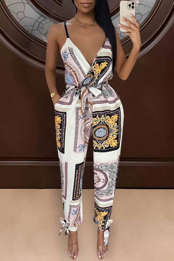 Fashion Printed Knotted Suspender Jumpsuit (With Belt)