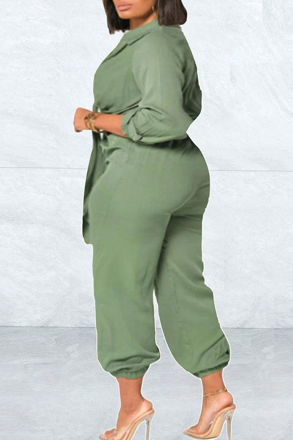 Pure Color Fashion Knotted Waist Casual Shirt Jumpsuit