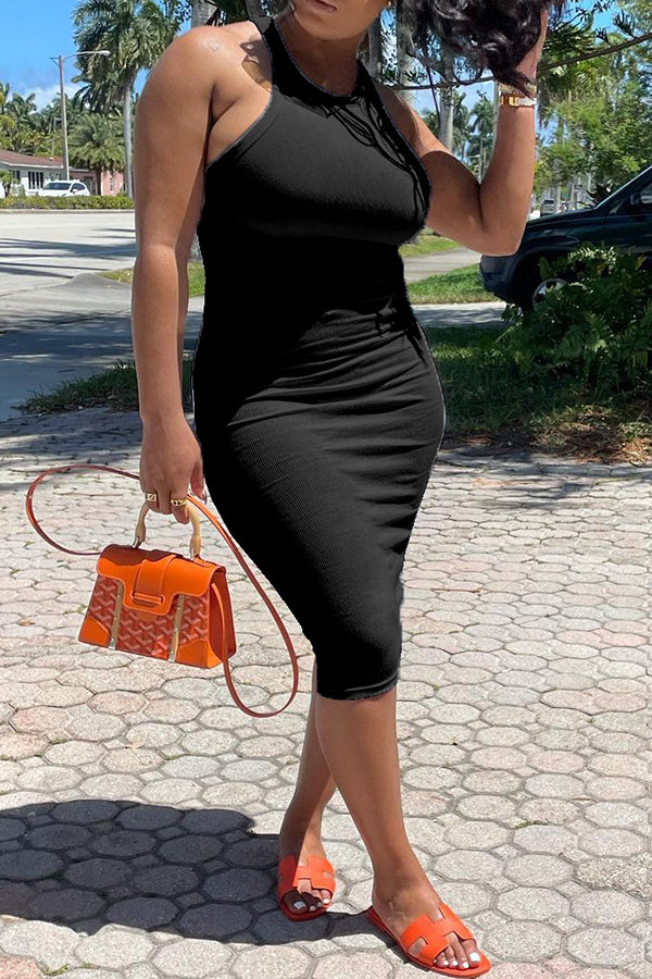 Solid Color Casual Sleeveless Commuter Midi Dress