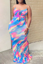 Irregular Contrast Color Gradient High-waist Suspender Maxi Dress
