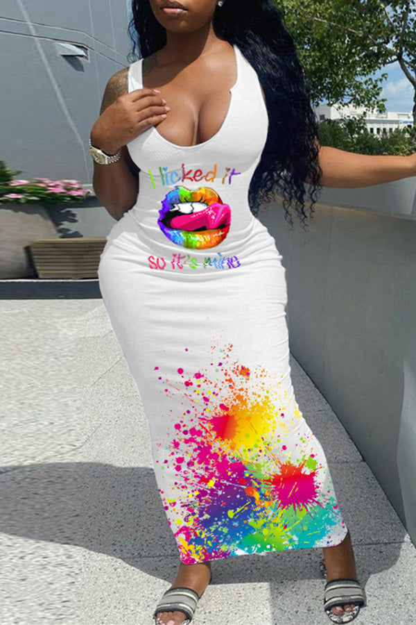 Rainbow Lips Inkjet Printing Casual Sleeveless Maxi Dress