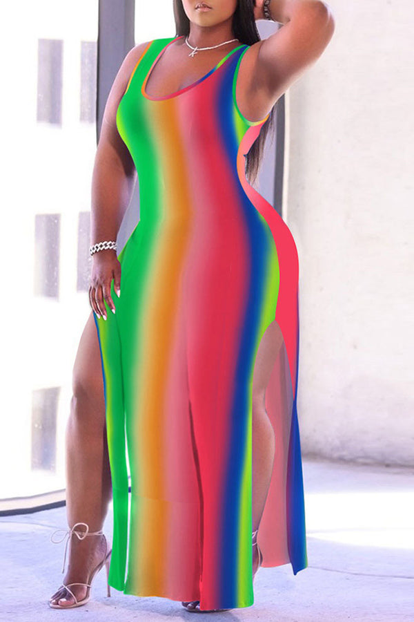 Color Striped Casual Slit Sleeveless Maxi Dress