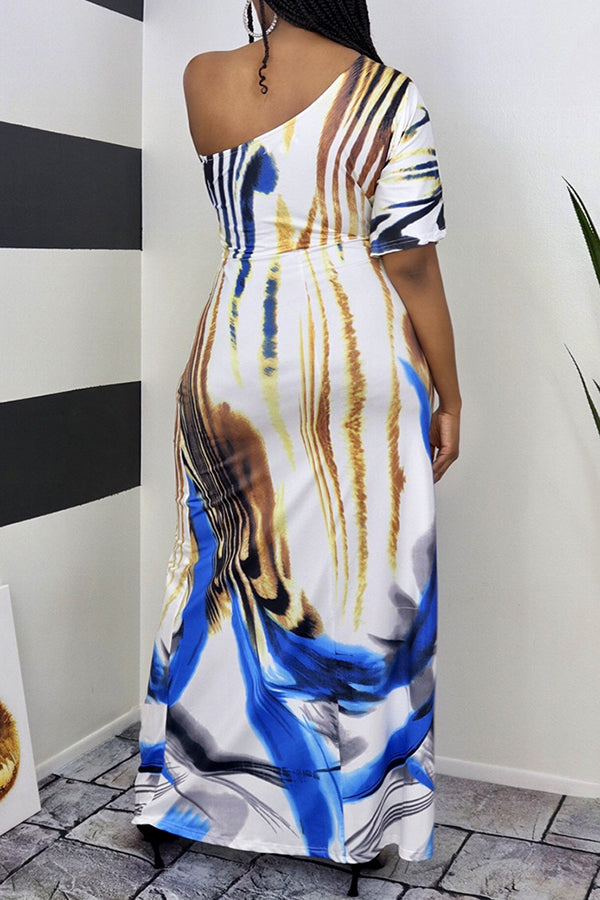Fashion Casual Abstract Printed Asymmetrical One-shoulder Maxi Dress