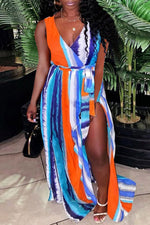Irregular Stripe Print V-neck Sleeveless Slit Maxi Dress (With Belt)