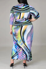 Color Geometric Line Printing Fashion Casual V-neck Maxi Dress