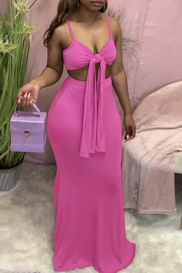 Sexy Wrapped Bowknot Tight Sling Skirt Two Piece Set