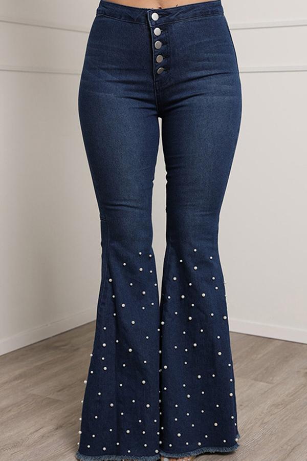  Fashion Beaded Flared High Rise Jeans