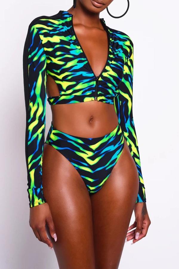  Printed Halter Long Sleeve Two Piece Swimsuit