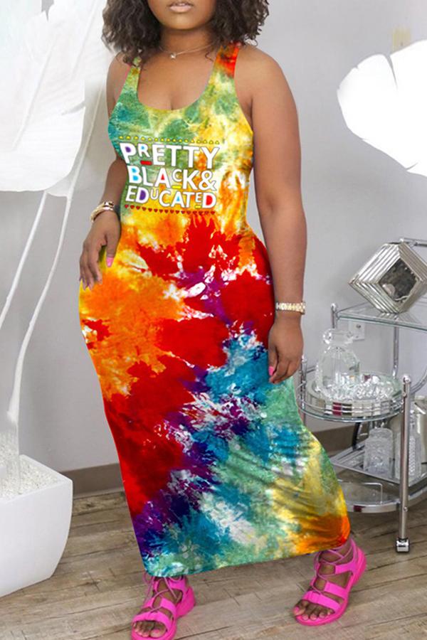 Fashion Tie Dye Printed V Neck Sleeveless Maxi Dress