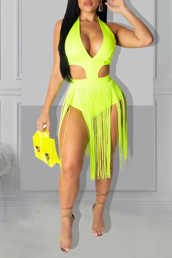  Fashion Solid Color Fringed Hollow Sleeveless Rompers