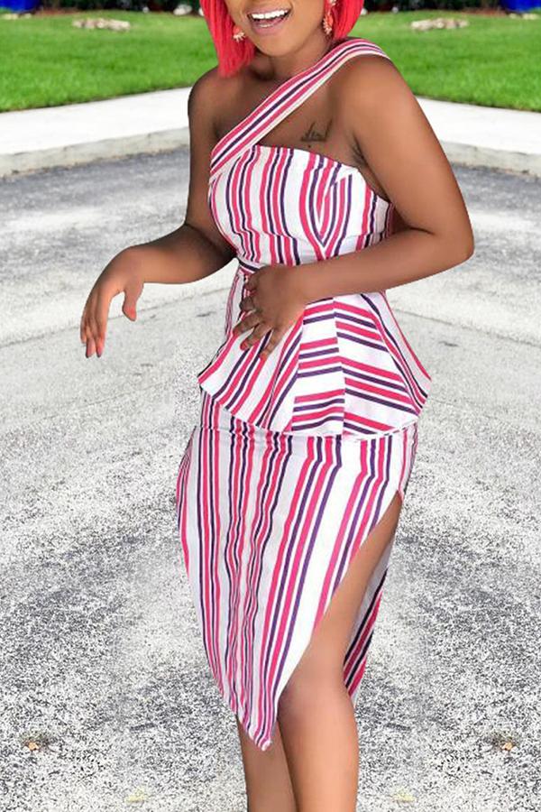 Elegant Striped Sleeveless Hip Midi Dress