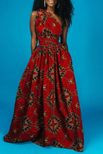 Elegant Printed Lace Up Slit Sleeveless Maxi Dress