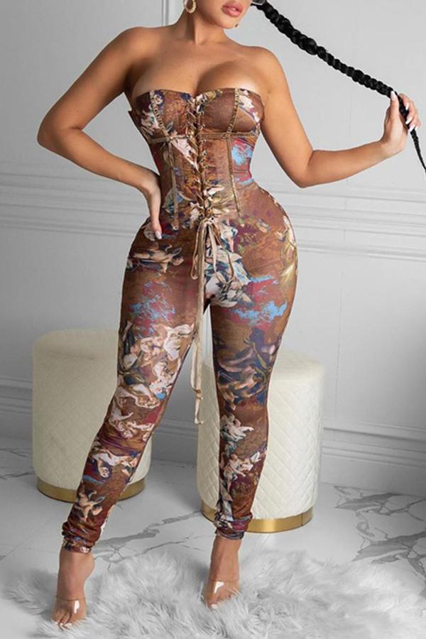  Fashion Lace Up Bandeau Printed Tights Jumpsuit