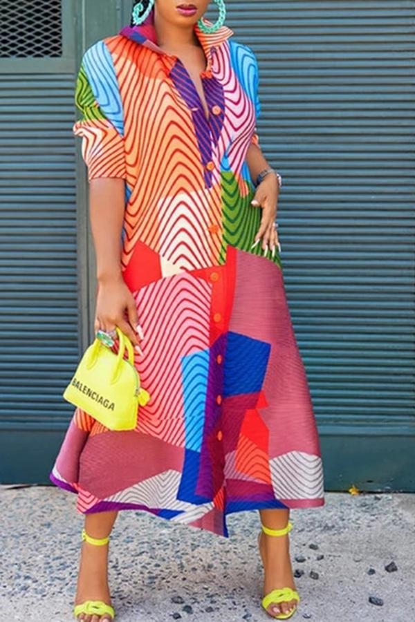  Fashion Half Sleeve Stand Collar Loose Print Maxi Dress