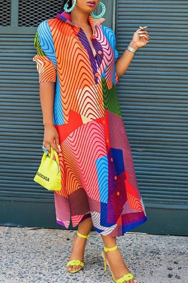  Fashion Half Sleeve Stand Collar Loose Print Maxi Dress
