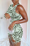 Fashion Money Print Lace Up One Sleeve Mini Dress