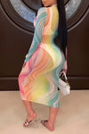 Sexy Rainbow Print Long Sleeved Tight Mesh Maxi Dress
