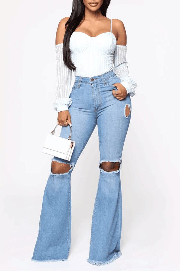 Fashion High Rise Ripped Flared Jeans