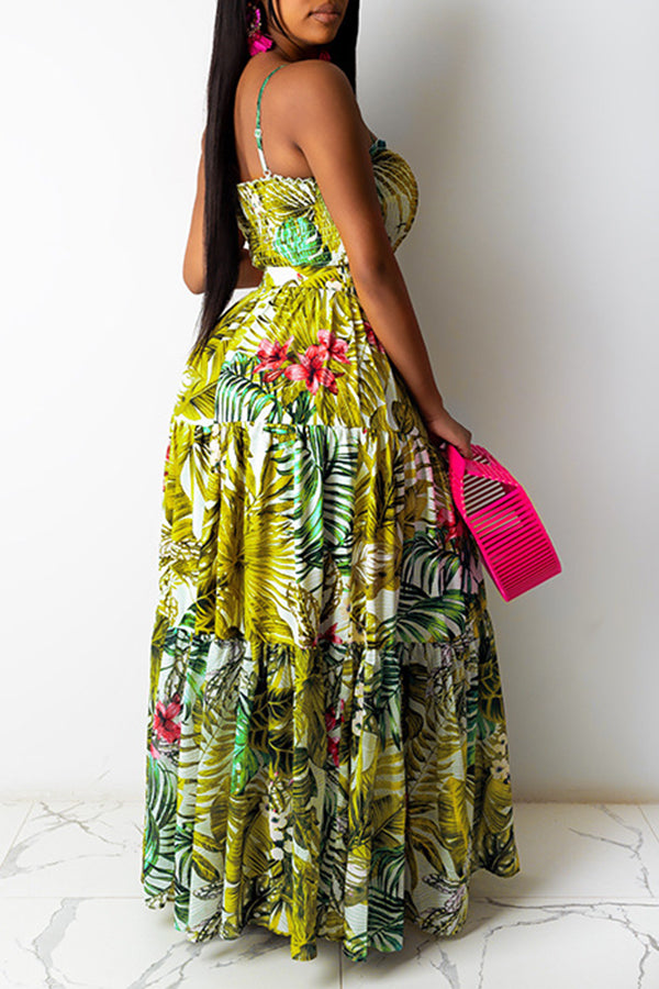 Sexy Bandeau Pleated Leaf Print Belted Maxi Dress