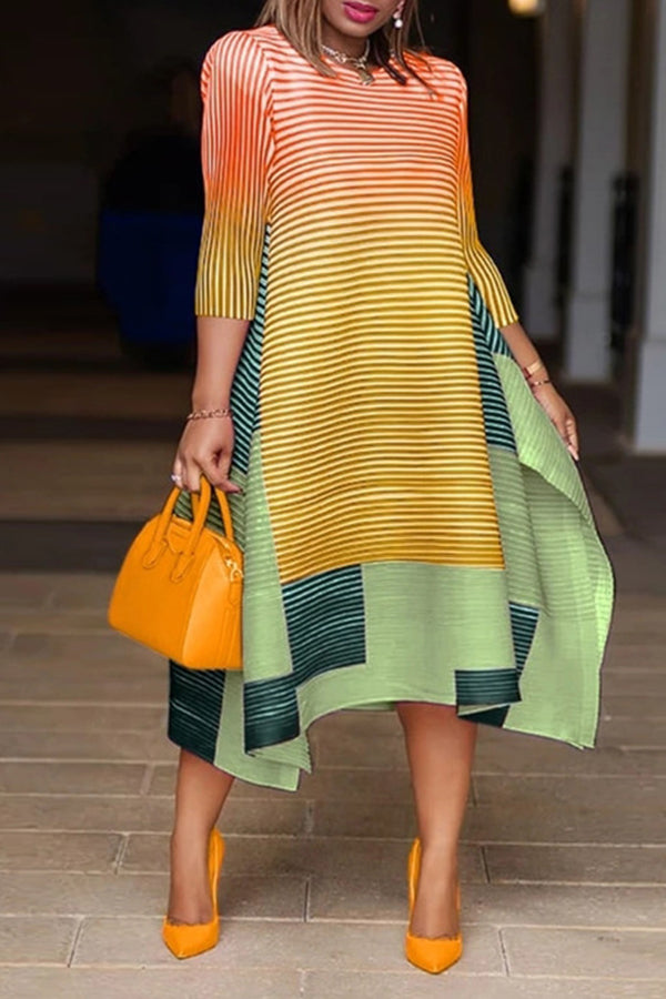 Fashion Gradient Stripe Loose Slit Midi Dress