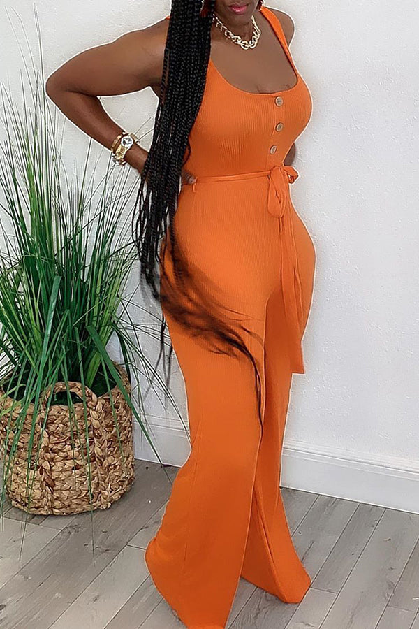  Casual Solid Color Lace Up Sleeveless Jumpsuit