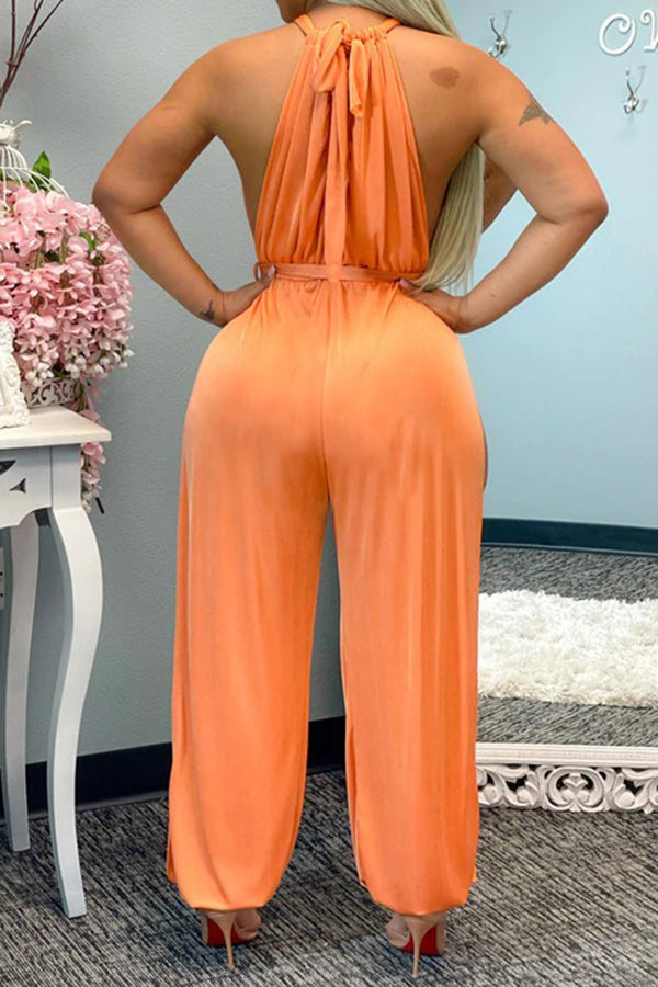 Sexy Solid Color Slit Lace Up Sleeveless Jumpsuit