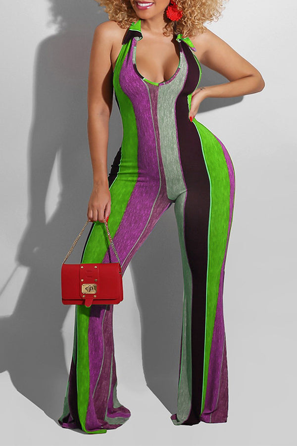 Fashion Slim Striped Print Sleeveless Flared Jumpsuit