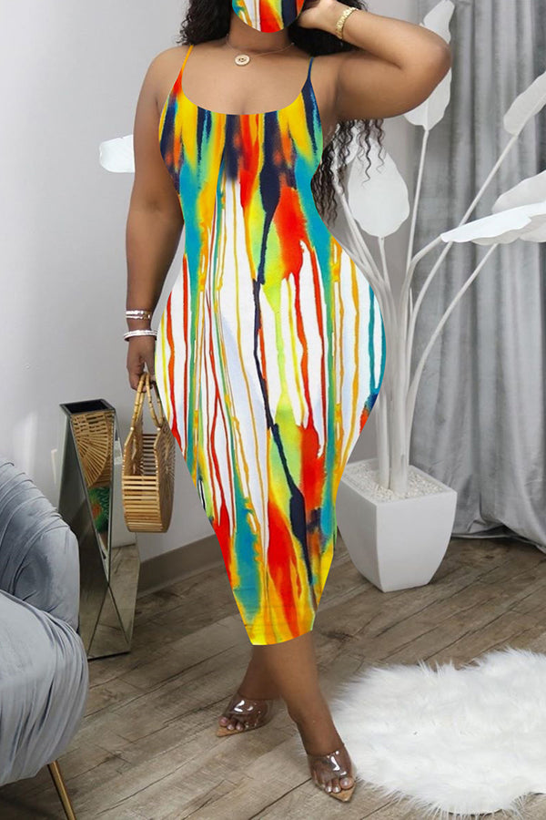 Sexy Color Print Suspender Backless Maxi Dress