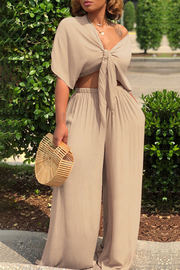 Solid Color Tie V Neck Loose Two Piece Pant Suits