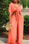 Solid Color Tie V Neck Loose Two Piece Pant Suits