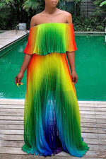  Sexy Gradient Off Shoulder Pleated Maxi Dress