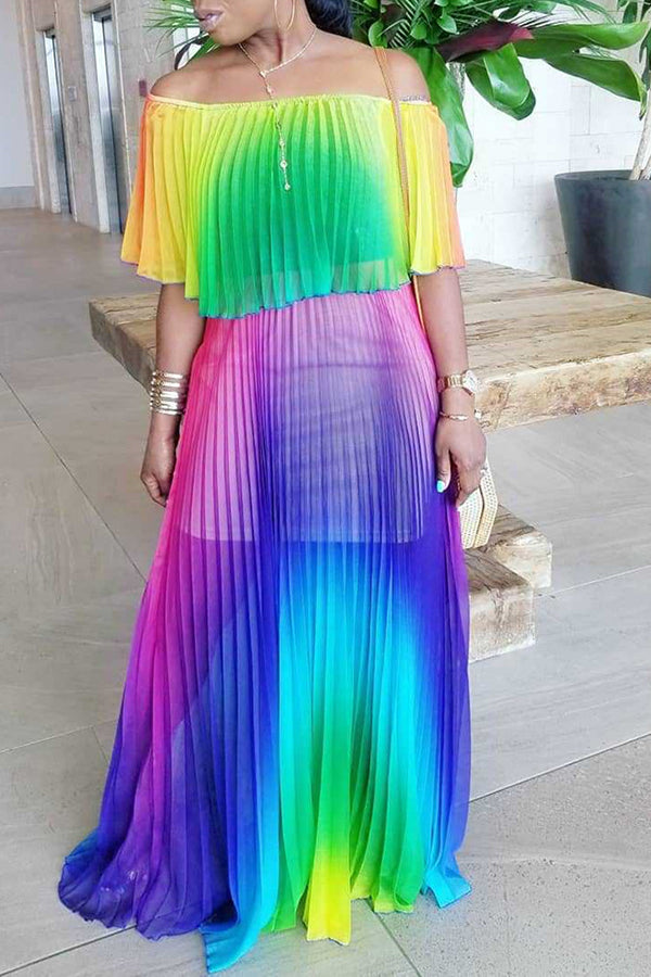  Sexy Gradient Off Shoulder Pleated Maxi Dress
