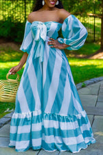 Loose Off Shoulder Striped Puff Sleeve Maxi Dress