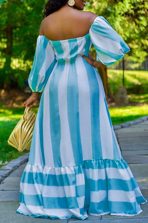 Loose Off Shoulder Striped Puff Sleeve Maxi Dress