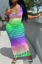 Gradient Color Sleeveless Mermaid Print Maxi Dress