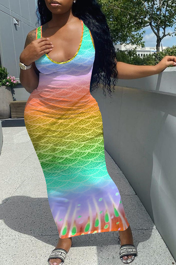 Gradient Color Sleeveless Mermaid Print Maxi Dress