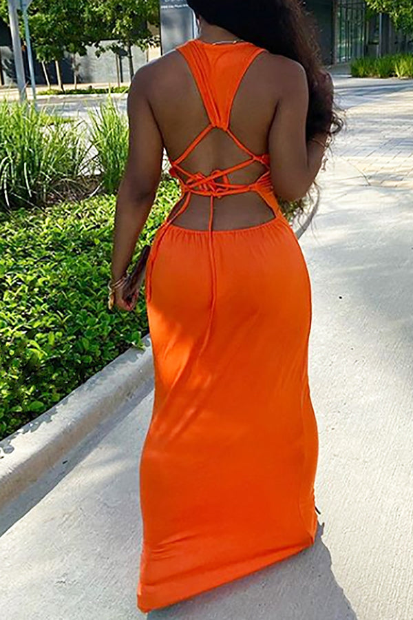 Sexy Square Collar Solid Color Lace Up Maxi Dress