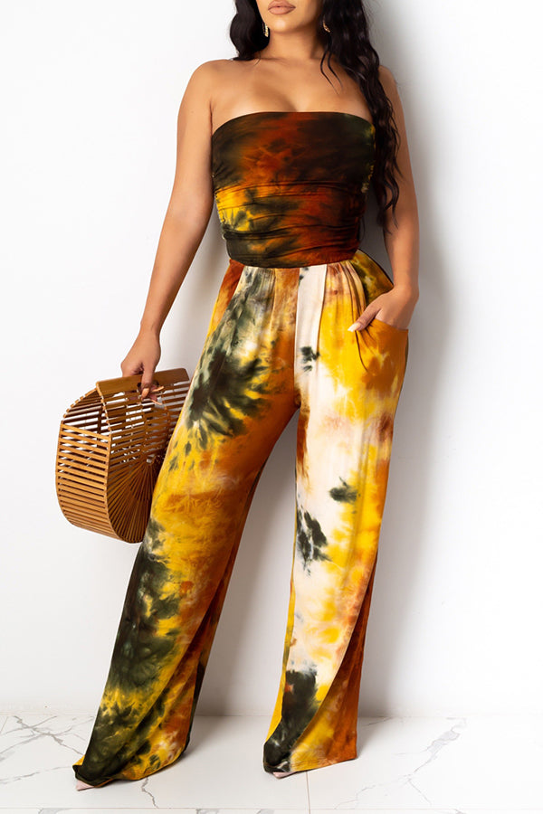  Fashion Pleated Tube Top Tie Dye Jumpsuit