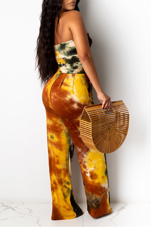  Fashion Pleated Tube Top Tie Dye Jumpsuit