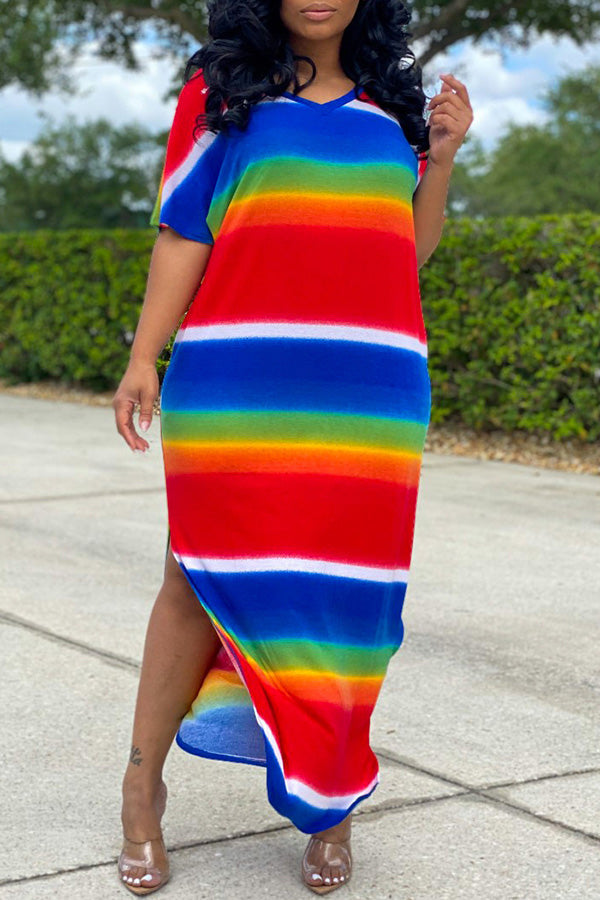 Color Striped Print Short Sleeved Split Maxi Dress