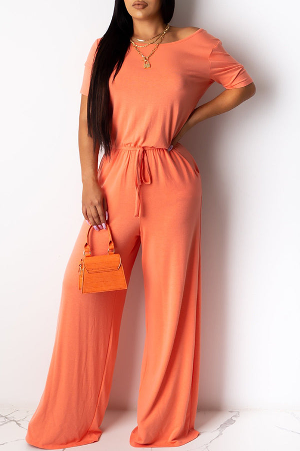  Casual Solid Color Lace Up Loose Jumpsuit