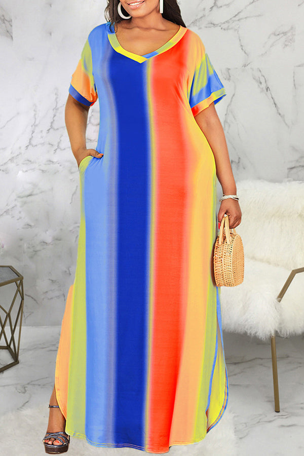Color Stripe Print Short Sleeved Plus Size Maxi Dress