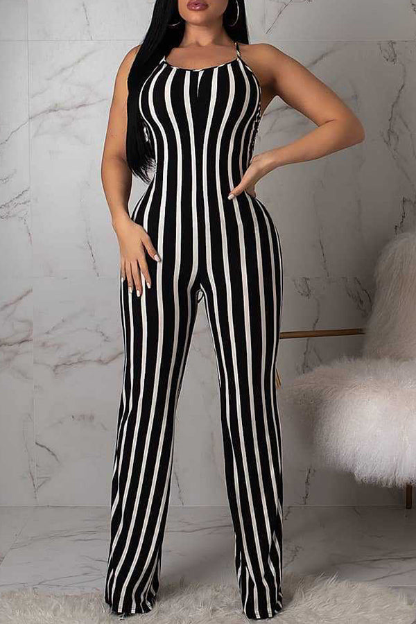 Sexy Striped Backless Suspender Jumpsuit