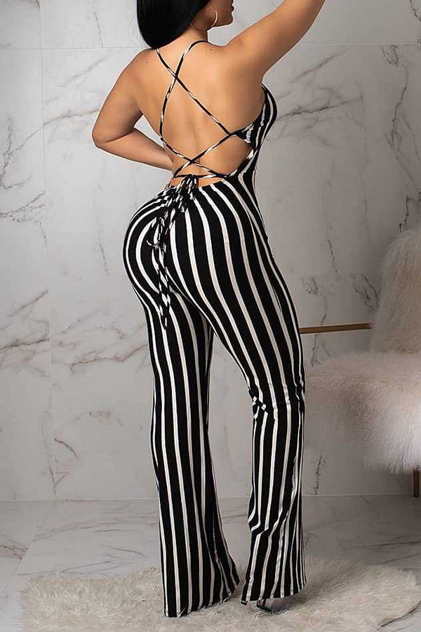 Sexy Striped Backless Suspender Jumpsuit
